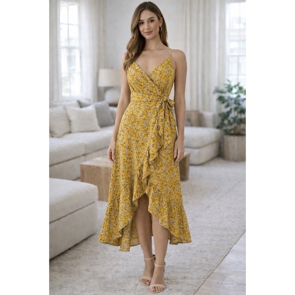 New No Boundaries Babydoll Spaghetti Strap Dress Sz 3-5 Jrs Yellow Floral HH26